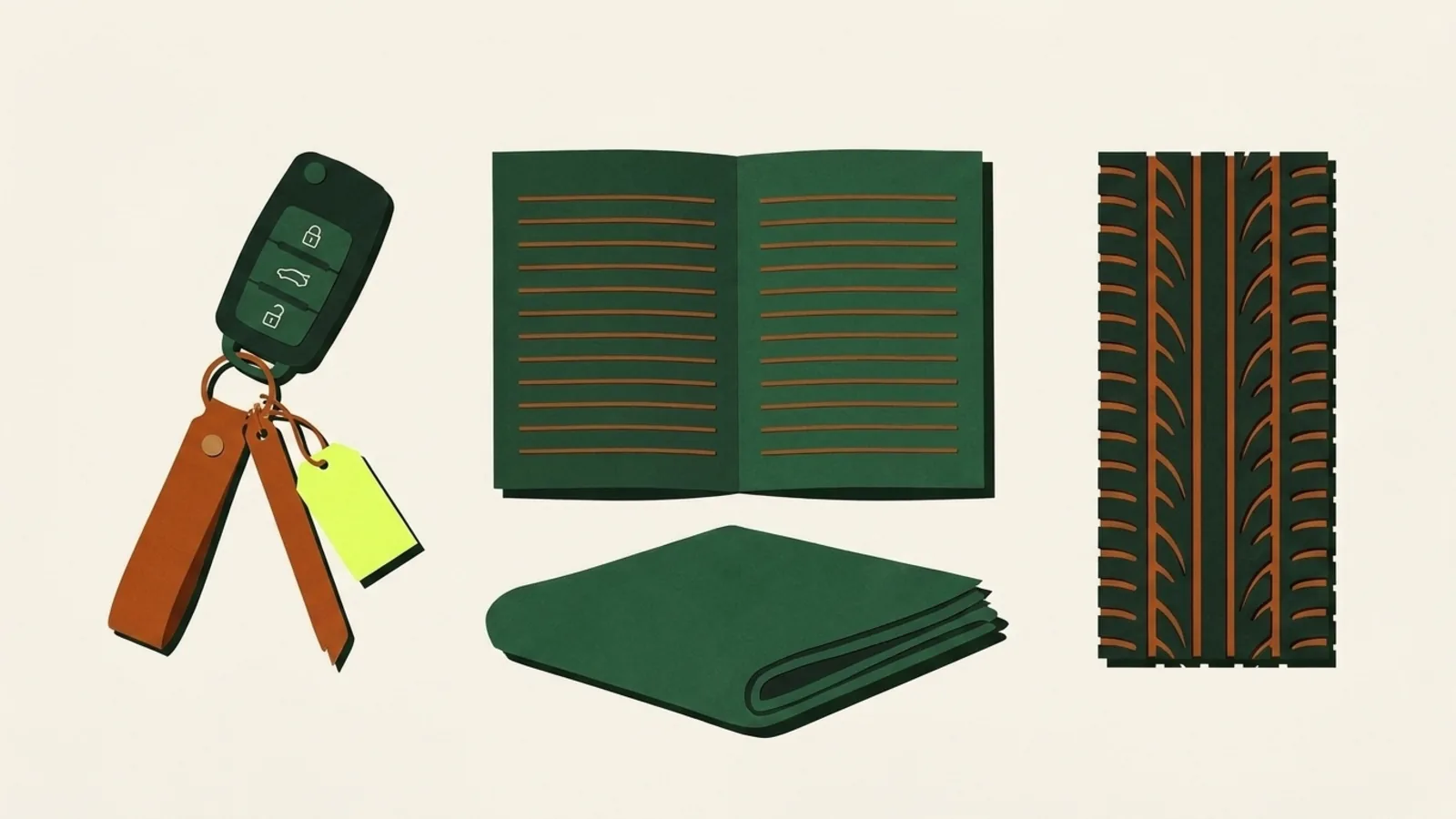 A cut-paper illustration seen from above: a car key fob on a leather tab, an open booklet ruled with blank lines, a folded cloth and a square swatch of tyre tread.